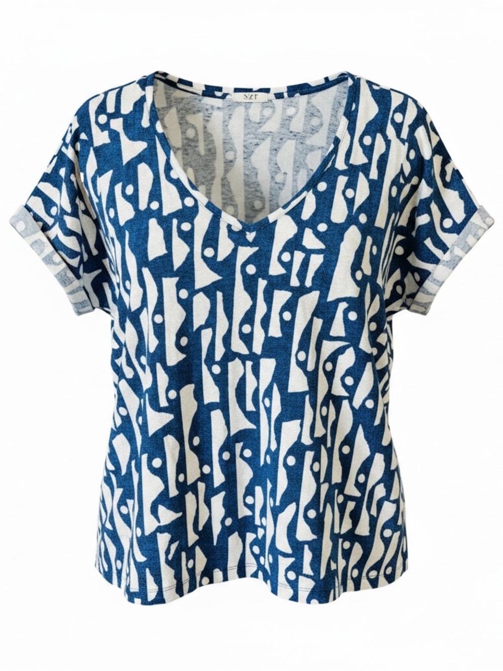 NIC+ZOE Blue & White V-Neck Short Sleeve Printed Top